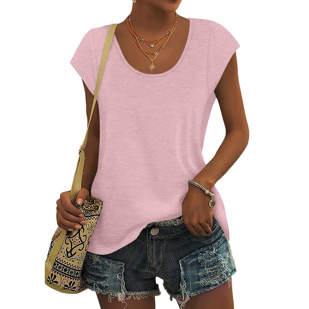 Women's Fashion Casual Slim Fit Waist Cap Sleeve Round Neck T-Shirt Top