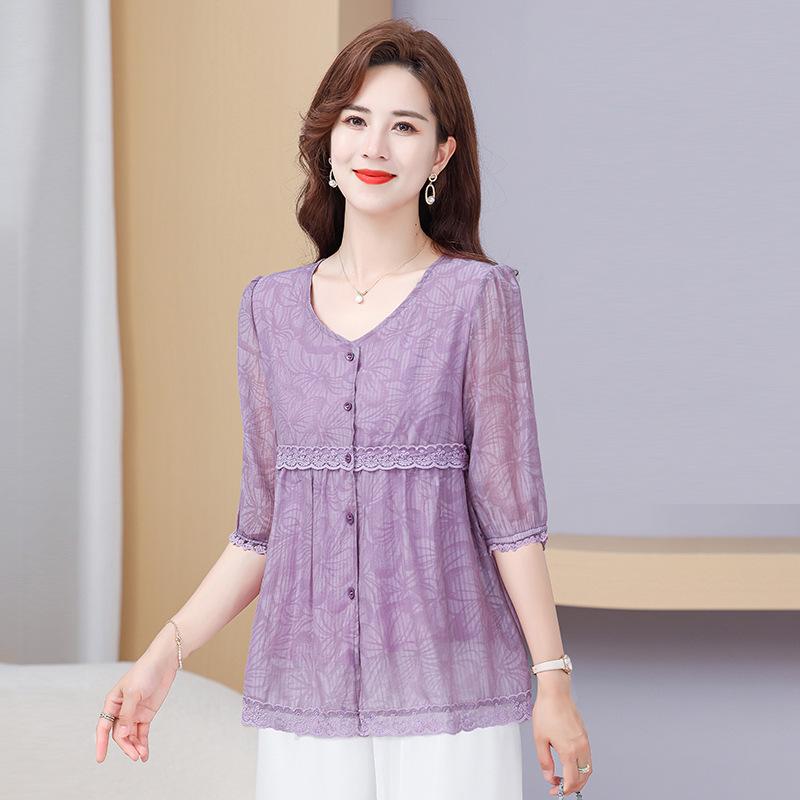 

Artistic V-Neck Chiffon Blouse - Summer Slim Fit for Middle-Aged Women XXXL (117-130 Jin) темно-фіолетовий колір
