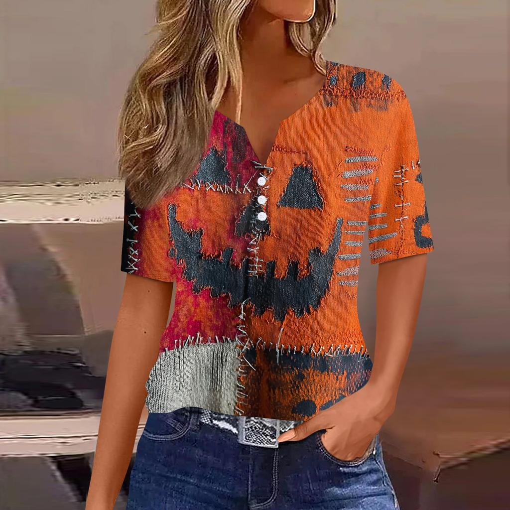 Women's Casual V Neck Short Sleeve Button Front Top Halloween Print Lightweight Blouse for Everyday Wear
