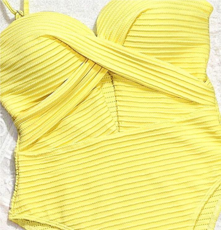Sexy Yellow Swimwear Women Hollow Out Cross Slim Tummy Control One Piece Swimsuit Beach Backless Bathing Suit Monokini