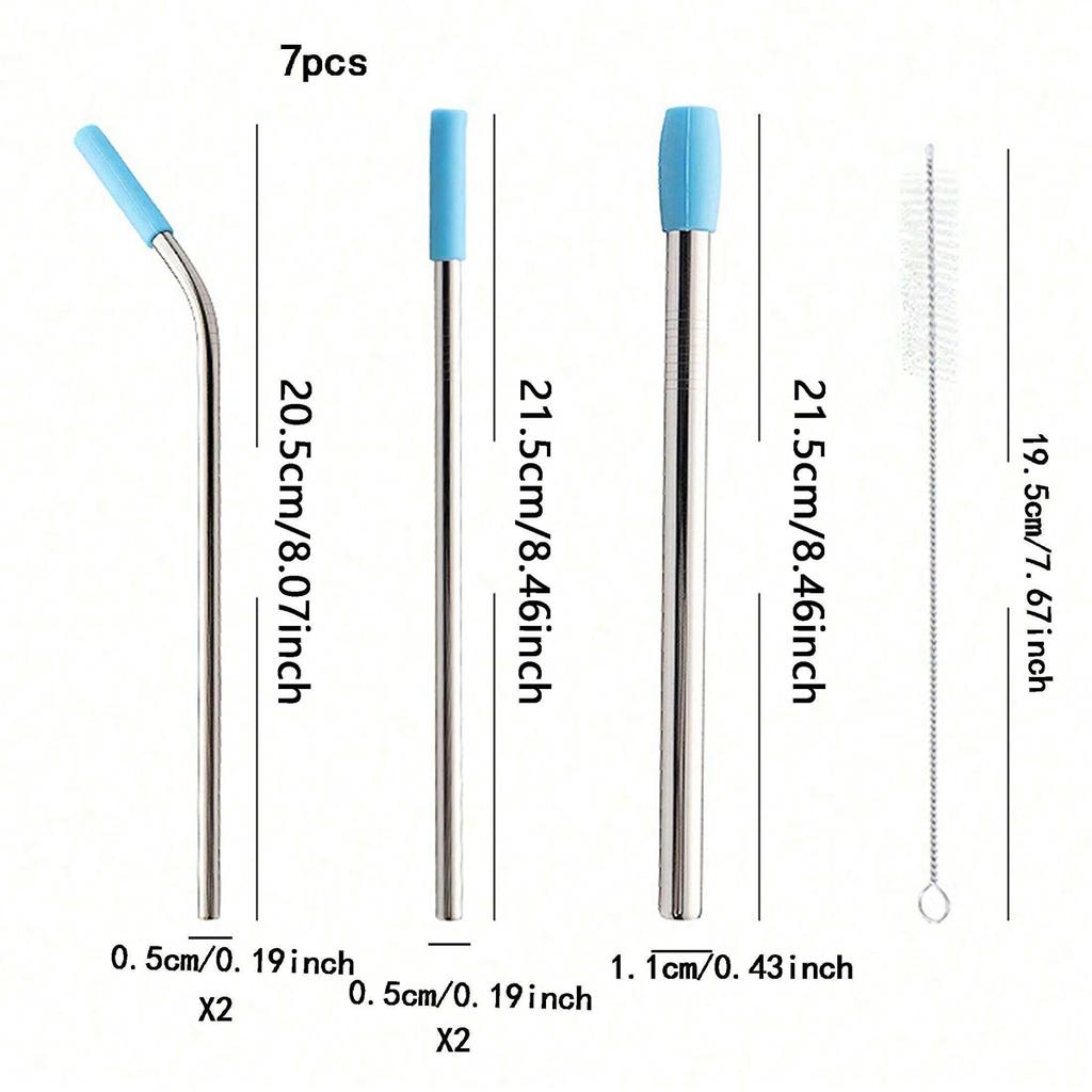 7pcs, Straw, Stainless Steel Reusable Straws With Silicone Straw Tip,Tea Straws, Travel, Beach, Party Supplies