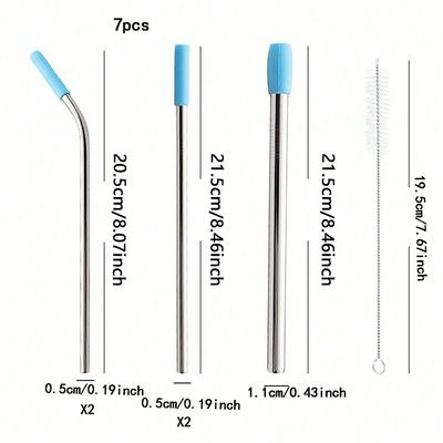 7pcs, Straw, Stainless Steel Reusable Straws With Silicone Straw Tip,Tea Straws, Travel, Beach, Party Supplies