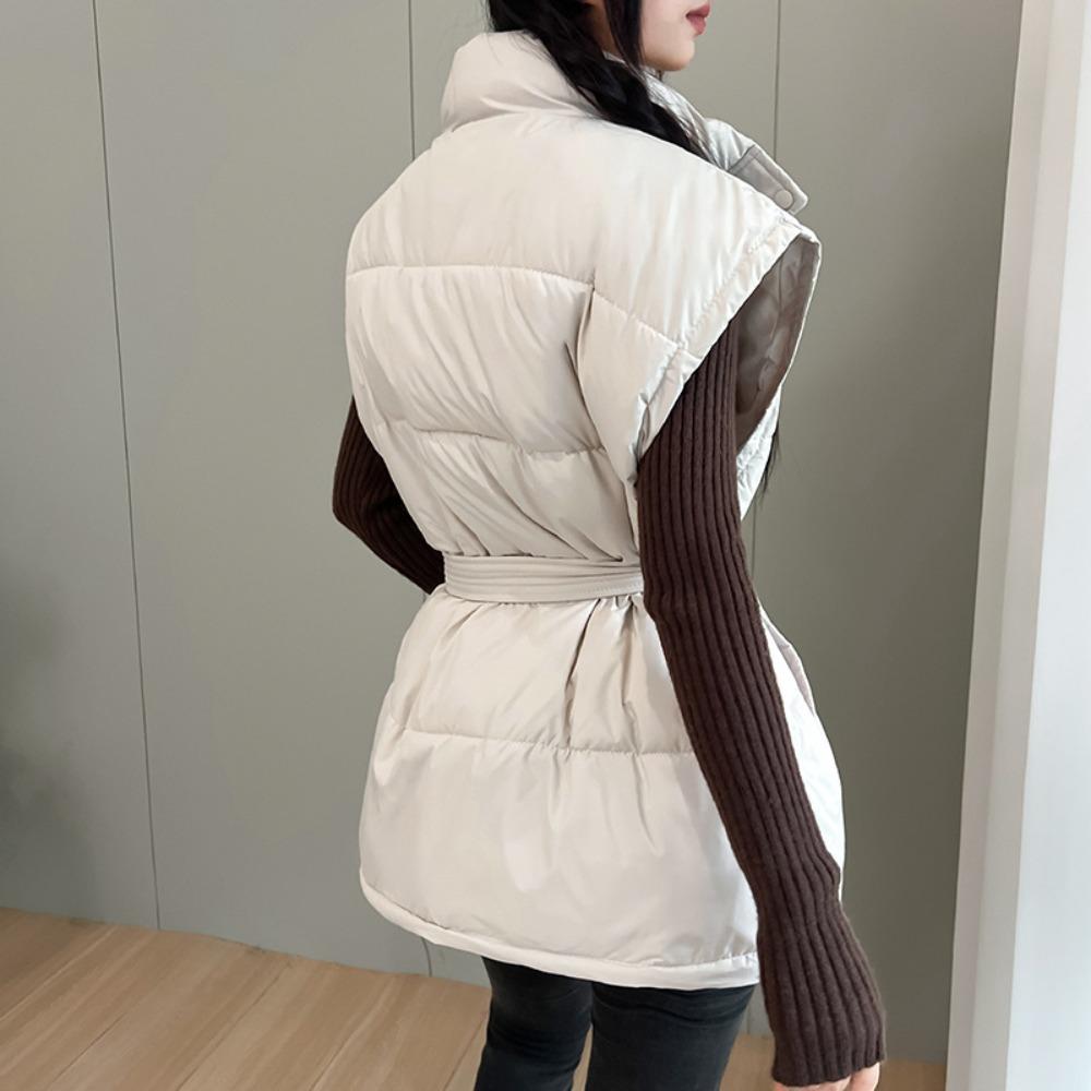 Damen ärmellose gesteppte Weste mit Stehkragen, lockerer Schnitt, Gilet mit Taillenband für Winter-Freizeitkleidung