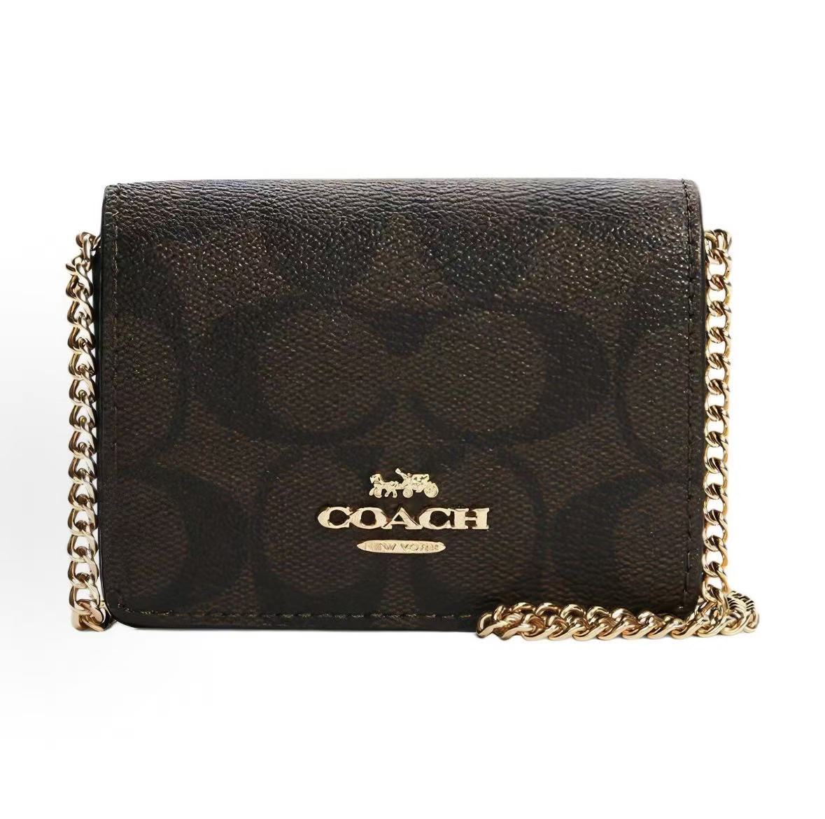 

Coach Chain 10 Snap Closure Monogram Canvas And Leather Chain Wallet Crossbody Bag Mini Women Bags Dark-Brown 6650-IMAA8 Basic Set (Bag+Dust Bag)
