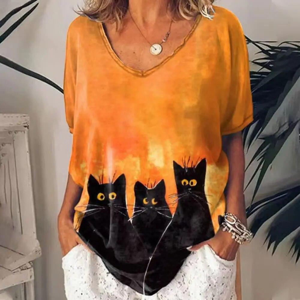 

Футболка Kawaii Cat Жіноча сорочка Harajuku з V-подібним вирізом і короткими рукавами Вільна велика жіноча футболка Повсякденний жіночий одяг Y2k Верхня блузка 2XL