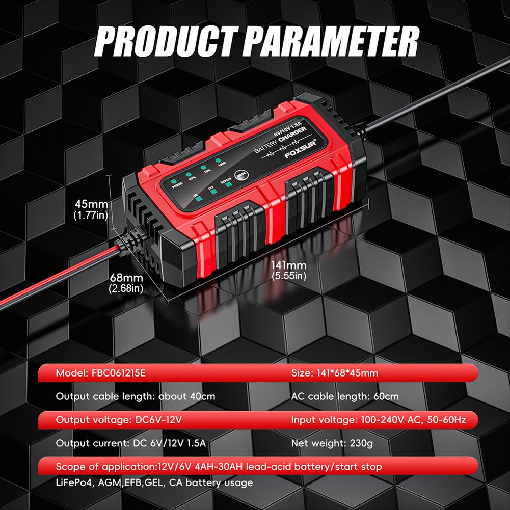 6V/12V 1.5A Car Battery Charger Moto Battery Charger Car and Motorcycle Battery Charging Unit for Lead-Acid AGM GEL Batteries