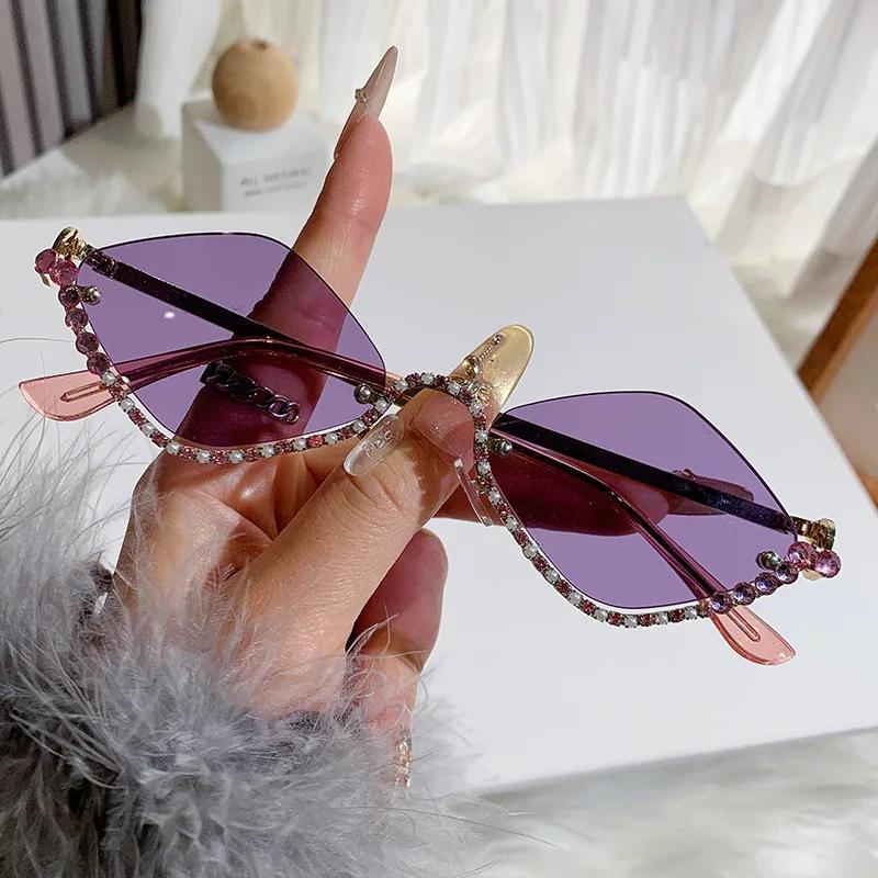 Diamond Vintage Brand Designer rhombus Sunglasses Women For Female Luxury Sun Glasses Punk Popular Half Frame Rhinestone Eyewear