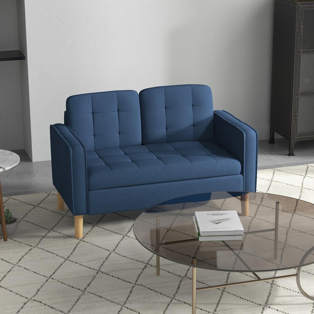Modern Loveseat Sofa, Compact 2 Seater Sofa with Hidden Storage, 117cm Tufted Cotton Couch with Wood Legs, Blue