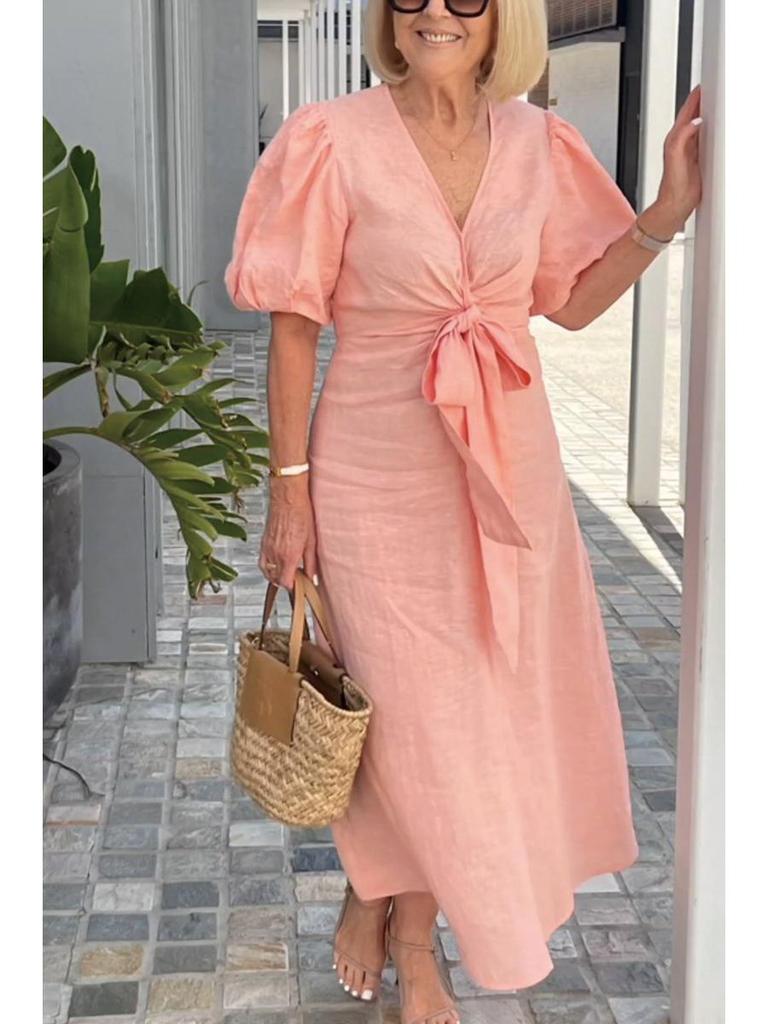 2026 Spring/Summer V-neck Lace-up Puff Sleeve Cotton Dress for Women
