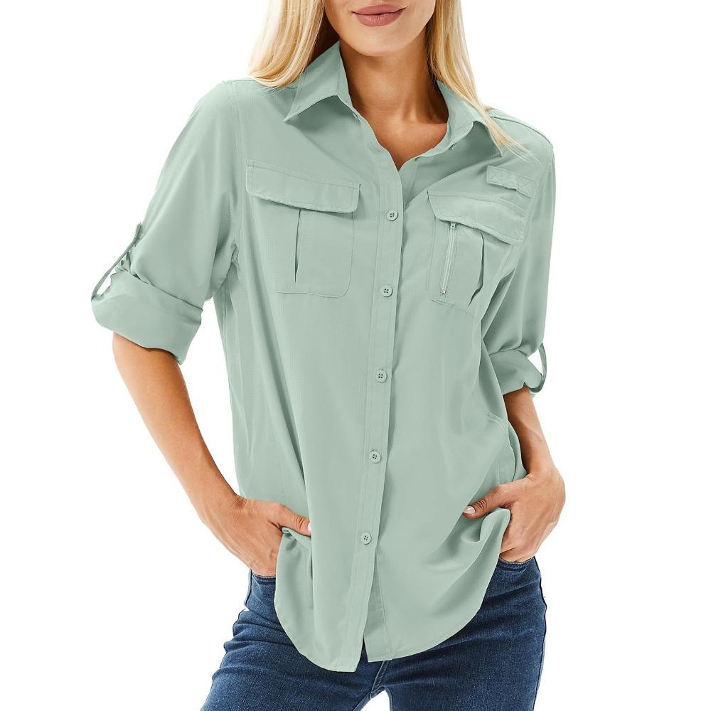 Women's Collared Long‑Sleeve Quick‑Dry Breathable Utility Shirt With Dual Chest Pockets For Outdoor Wear