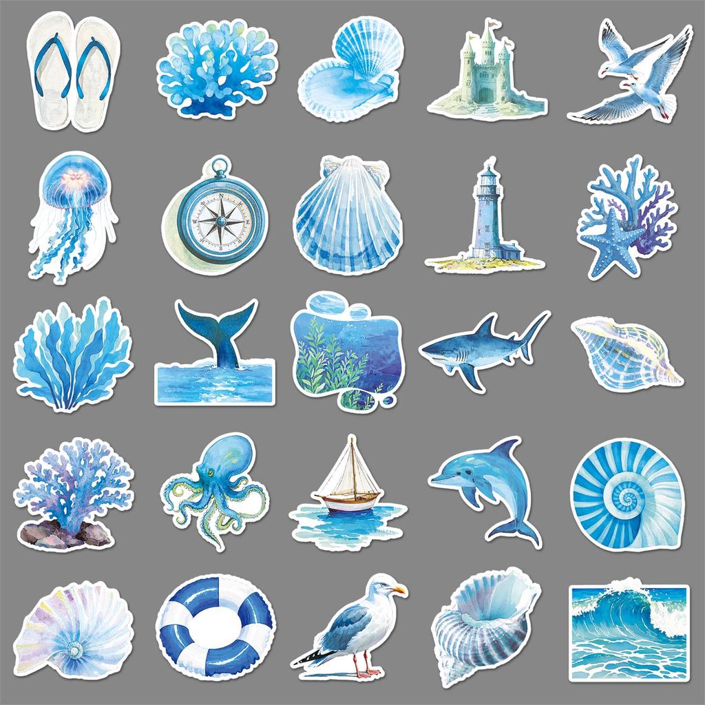 50PCS Blue Ocean Graffiti Stickers: Cross-Border Cartoon Watercolor Style Decorations for Water Bottles & Phones