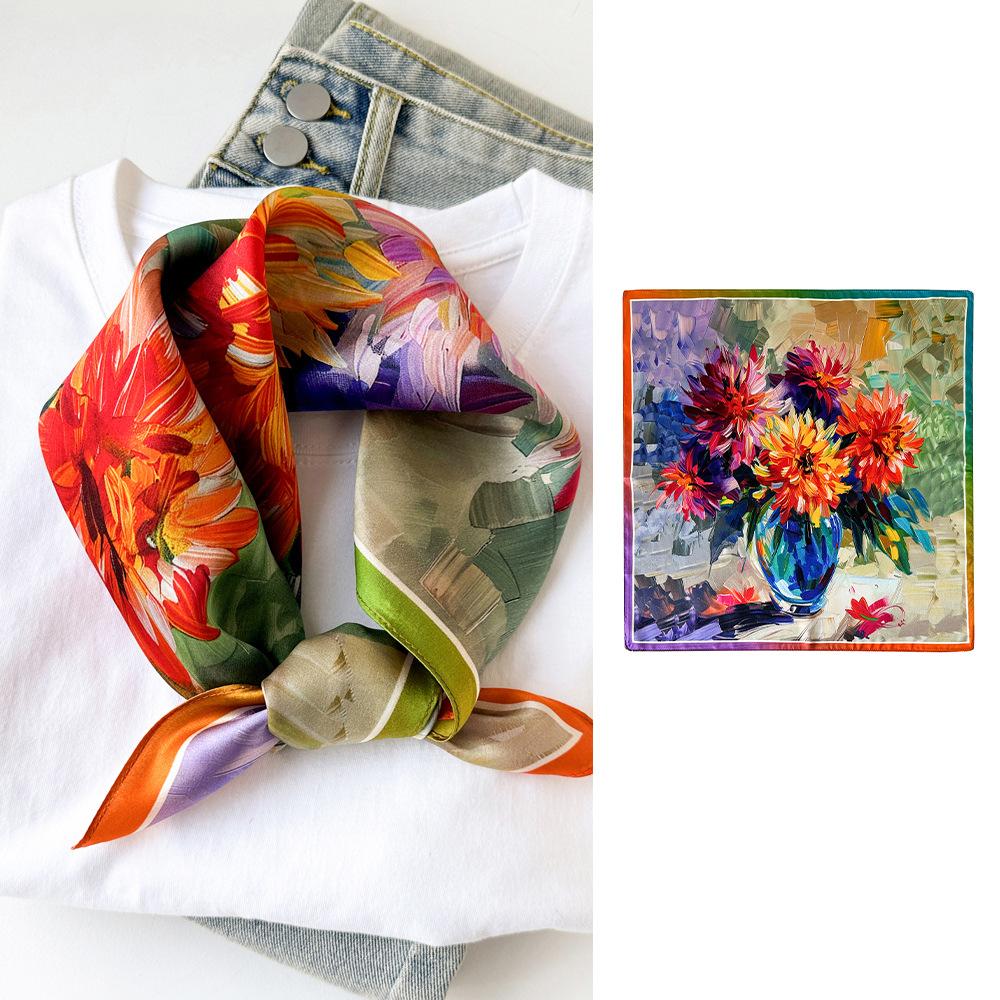Top Women 100% Silk Scarfs Fashion Bright Flowers Color 50CM Small Sqare Scarfs Neck Decorative Wrap Printed Party Scarves
