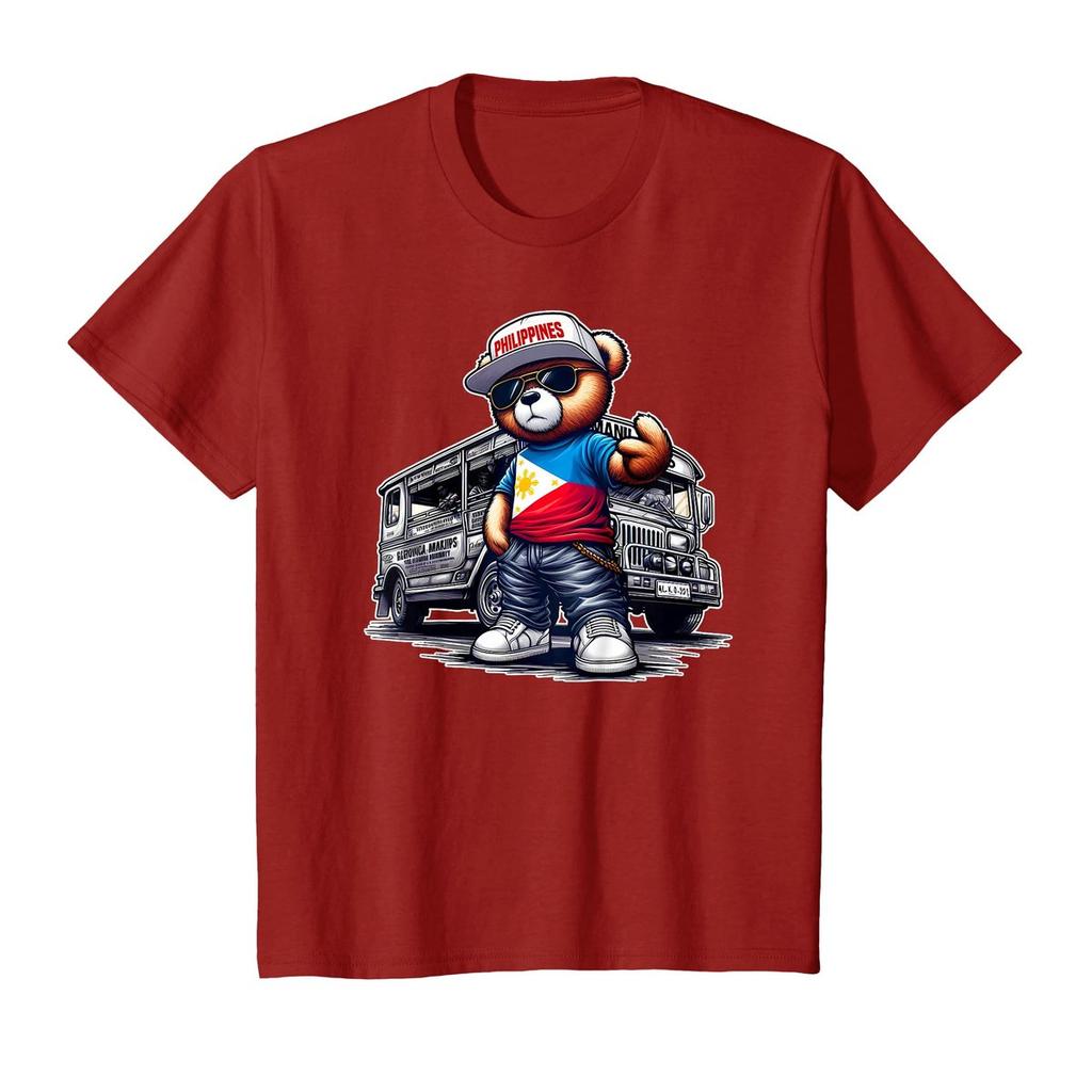 Pinoy Philippines Culture Shirts - Teddy Bear with Philippine Flag and Jeepney Cartoon T-Shirt