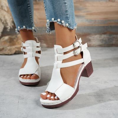 Fashion 2025  Summer Women's Ankle Strap Chunky Heel Sandals White Thick Bottom Gladiator Shoes Roman Style High Heel Sandals Women