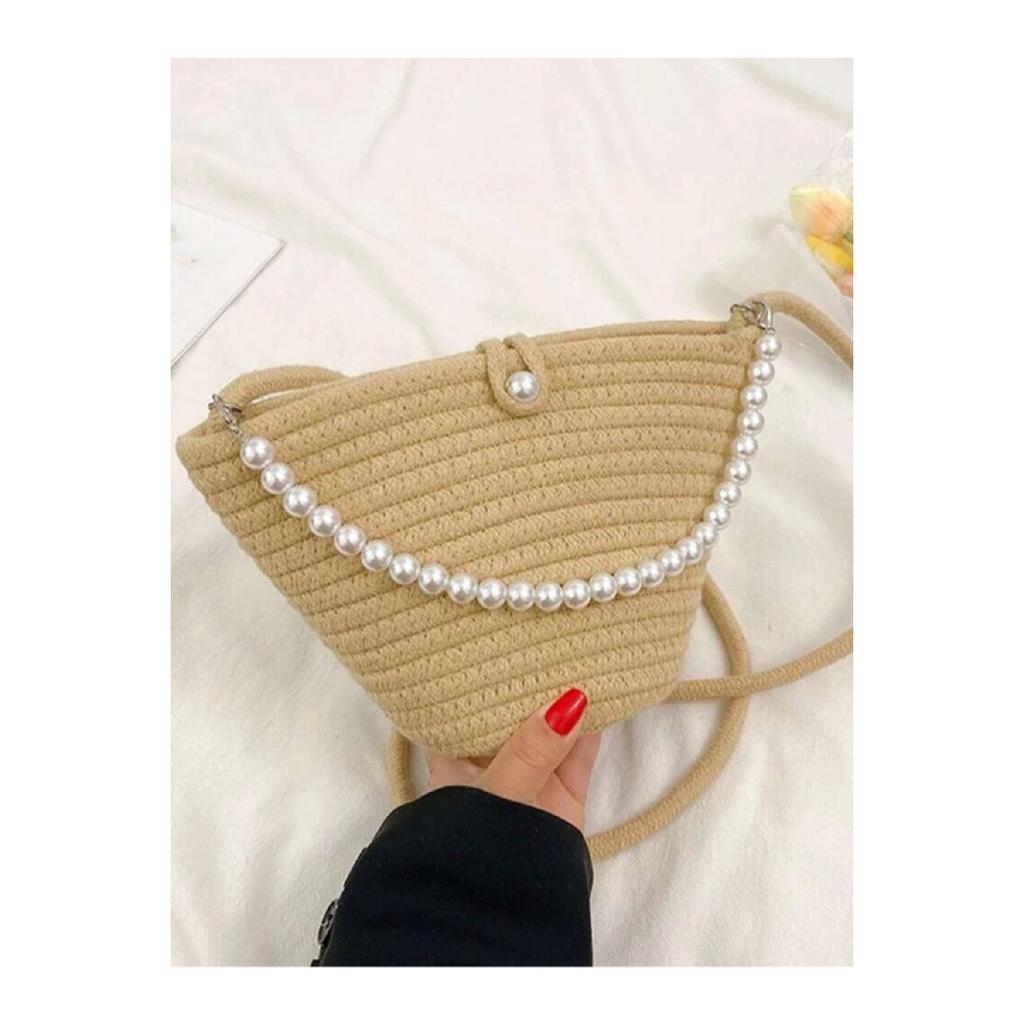 Damen-Schultertasche im Perlendesign in gebrochenem Weiß