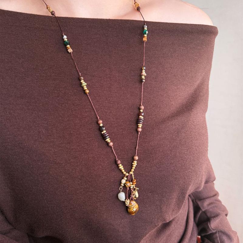 Tiger Eye Teardrop Beaded Necklace - Ethnic Style Retro Sweater Chain, Light Luxury High-End Accessory