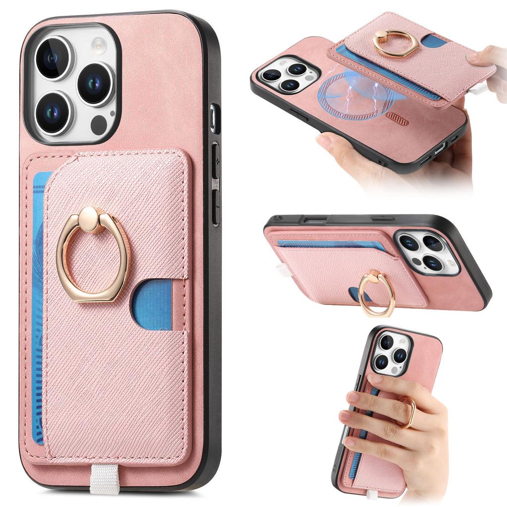 For iPhone 16 Pro Max Case Ring Kickstand Leather+TPU+PC Phone Cover Detachable 2-in-1 Card Holder