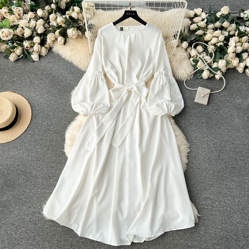 

Early Spring Retro Sweet Lace-up Waist-Controlled Elegant Dress White One size