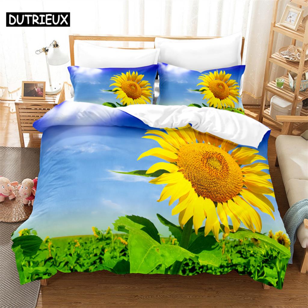 Floral Quilt Cover Queen Size Sunflower Duvet Cover 3D Bedding Set 3Pcs 2Pcs With Pillowcase King Full Twin Single Double Beds