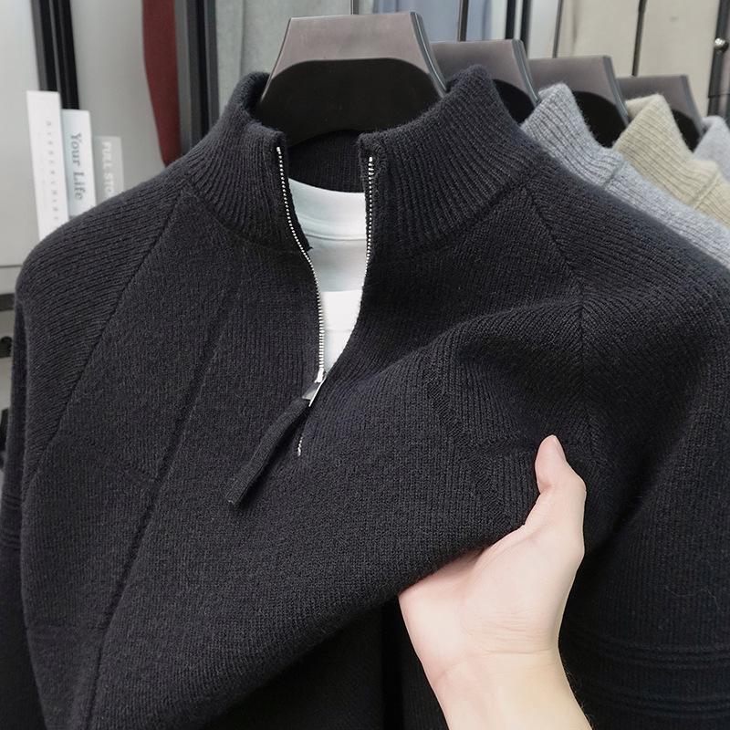 Men's Retro Jacquard Stand Collar Zipper Sweater - Autumn/Winter Casual Knitwear