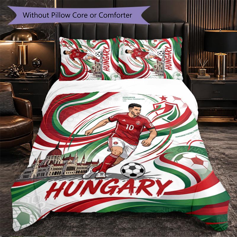 Hungary Football Pattern 3 Pieces Bedding Set Soft Microfiber Duvet Cover with Pillow Cases for Bedroom