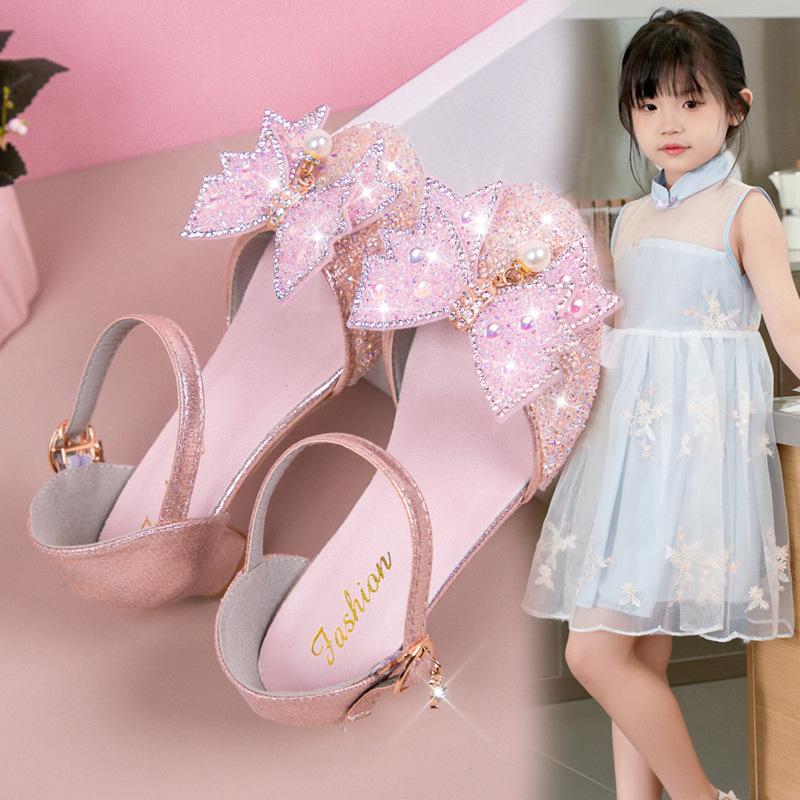 Girls Dance Shoes High Heels for Wedding Party Kids Half Sandals Sweet Bows 2025 Summer New Children Princess Shoes Shiny Sequin