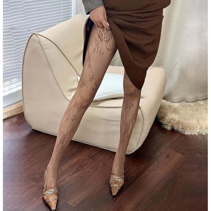 Women Sexy Fishnet Stockings With Butterfly Flower Patterns Costumes Uniform Maillard Color Scheme New Style Hollow Mesh Tights