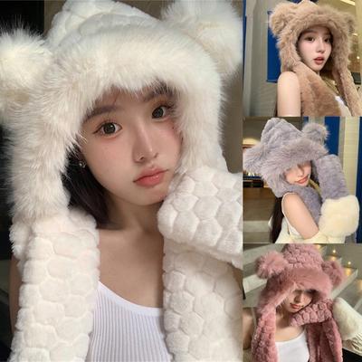 Furry Hat Head Wrap Furry Bear Gloves Thicken Hood for Women Outdoor Wear Thicken Ear for Winter Sports Cycling Skiing