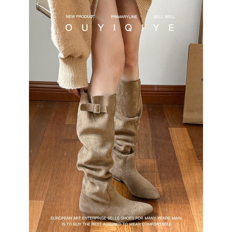 Cowhide version~ retro thick heel knight boots women's matte suede western boots belt buckle pointed high boots long boots