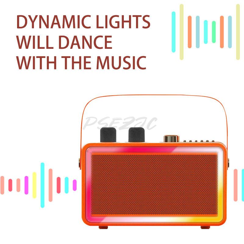 Retro Karaoke Wireless Bluetooth Speaker Microphone All In One Outdoor Family Gathering Set KTV Dual Mic LED