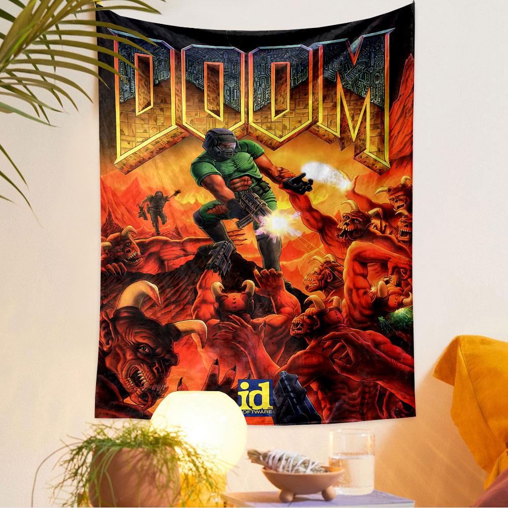 Tapisserie Doom à suspendre au mur, Art d'affiche du jeu FPS classique, Décoration murale pour gamer pour chambre à coucher, salon, dortoir