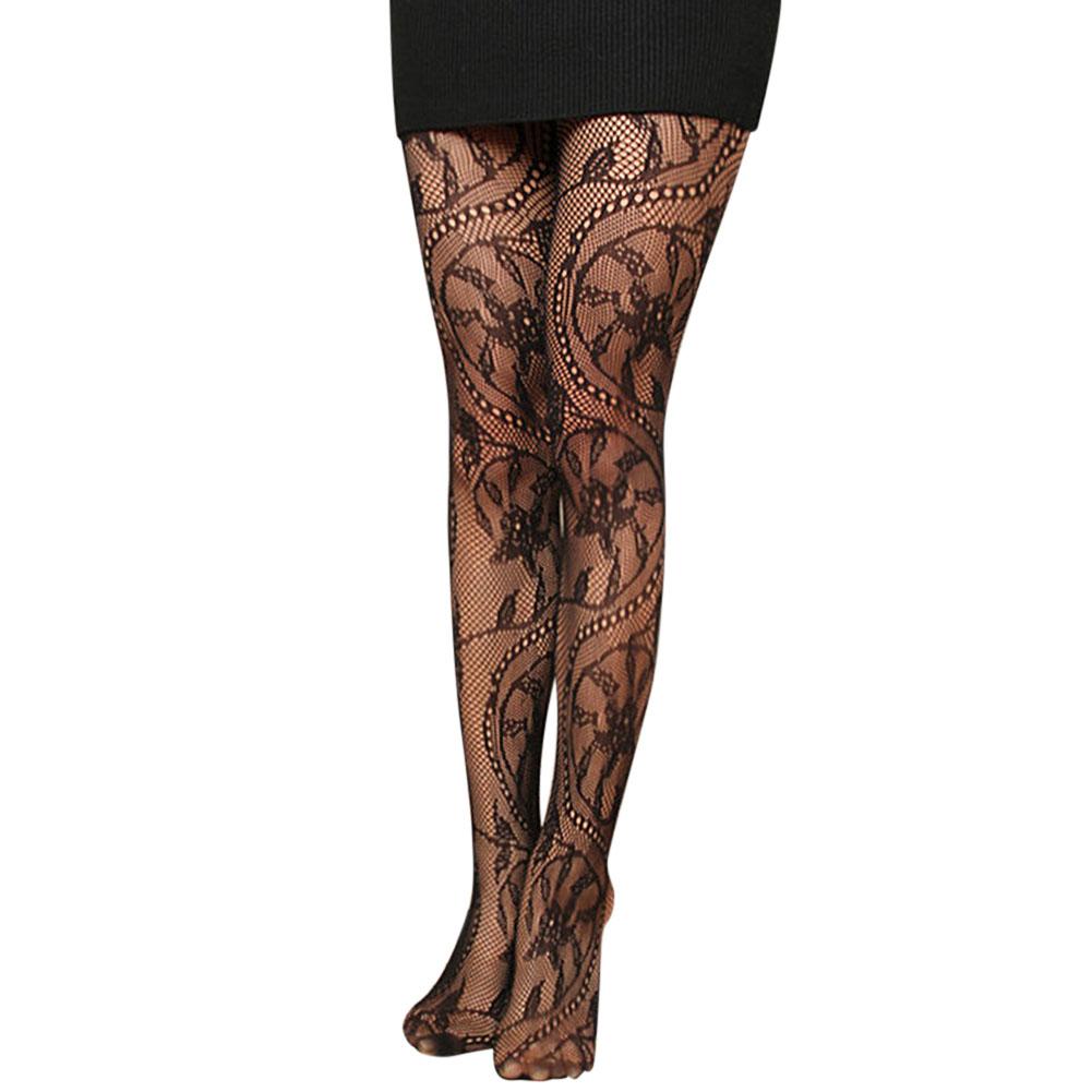 Women Vintage Tattoo Lace Pantyhose Sexy Black Tight Flowers Mesh Stockings