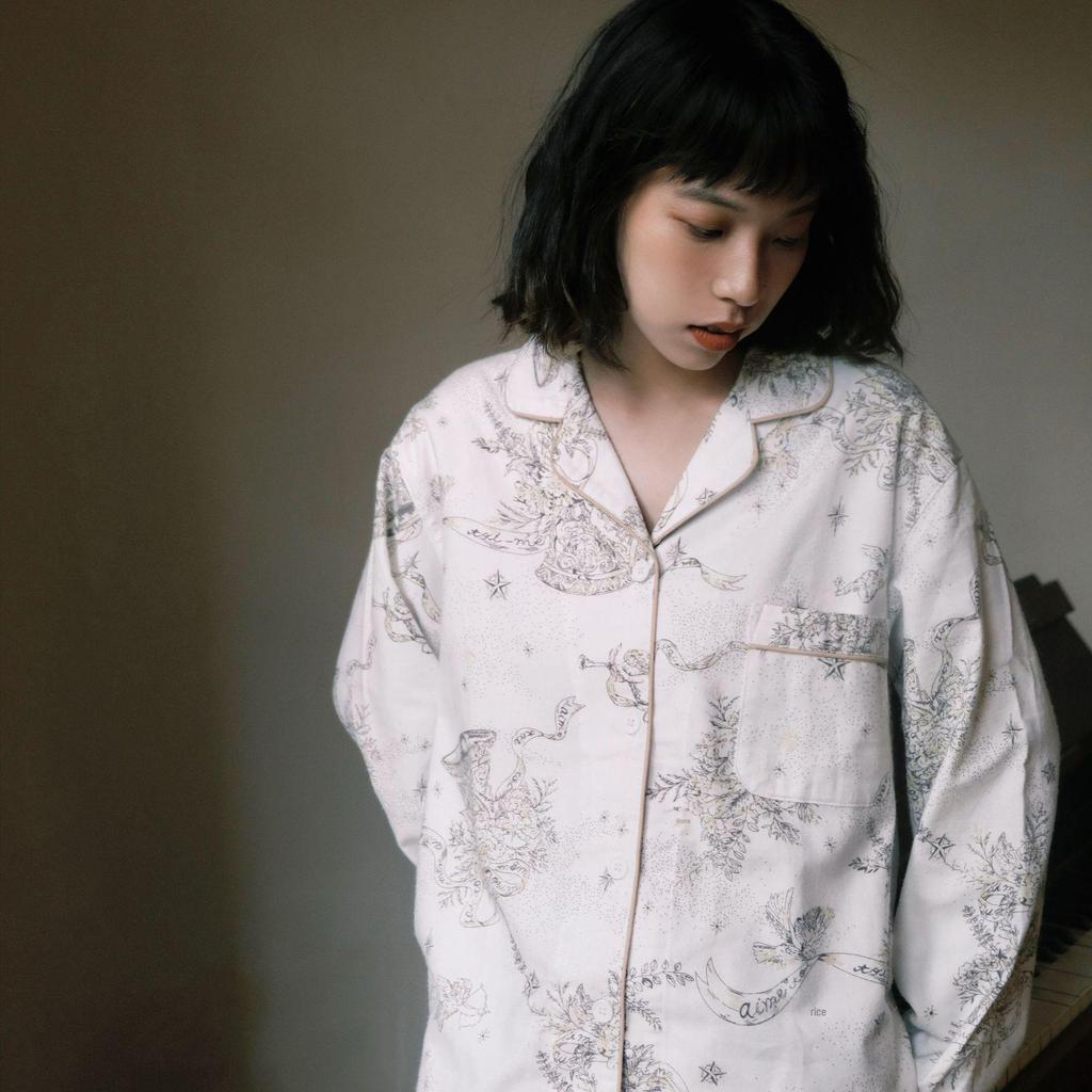 Women's Brushed Cotton French Pajamas - Comfy, Loose-Fit Long Sleeve Set for Spring & Autumn