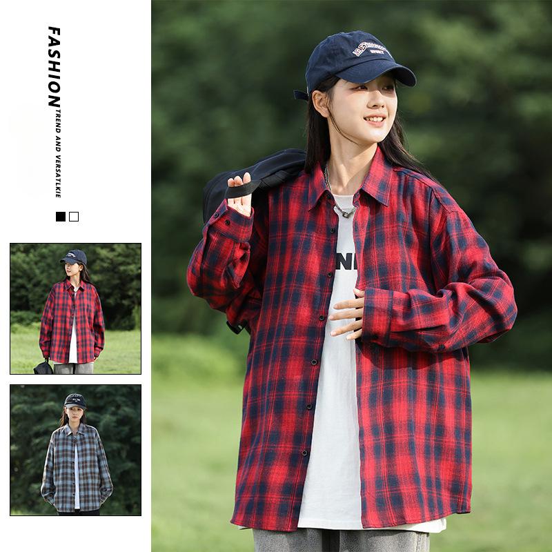 The New Trend of Autumn Plaid Long-sleeved Shirt for Men and Women Korean Version of Loose Casual Coat Couples Matching Shirt