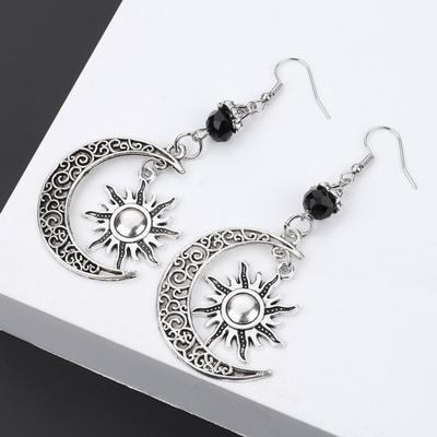 Bohemia Retro Silver Color Sun Hollowed-out Crescent Moon Five-pointed Star Pendant Dangle Earrings for Women Charm Jewelry Gift