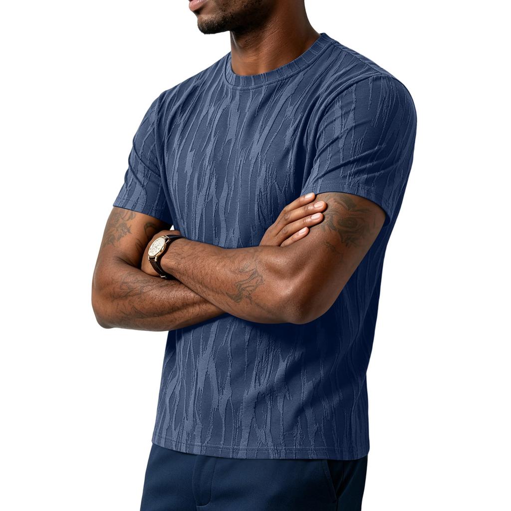 Men's Striped Texture Quick-Dry Short-Sleeved T-Shirt - Men's Retro Round-neck Lightweight Breathable Cool-Feeling Sports Casual Shirt