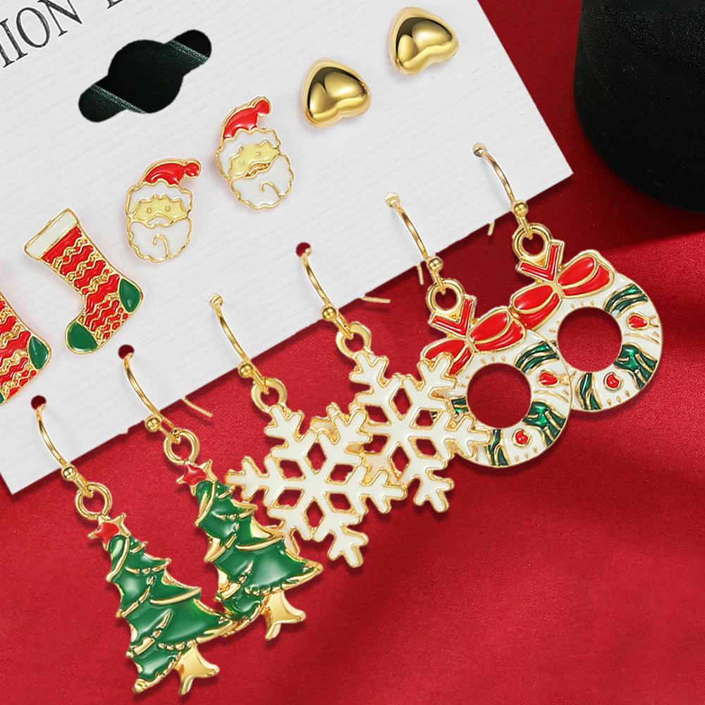 6 Perechi De Șosete De Crăciun Seria Stil Crăciun Moș Crăciun, Model Copac Cercei Modele Simple și Drăguțe de Desene Animate Acceso