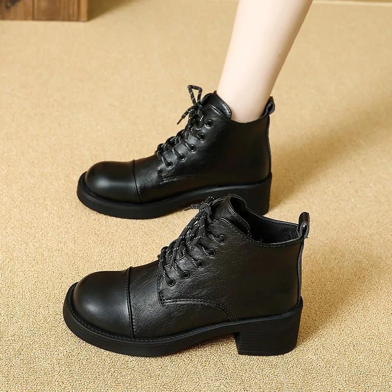 Women Short Boots  Autumn Winter New Fashion Lace Up Vintage Middle Heel Shoes Outdoor Non Slip Height Increase Ankle Boots