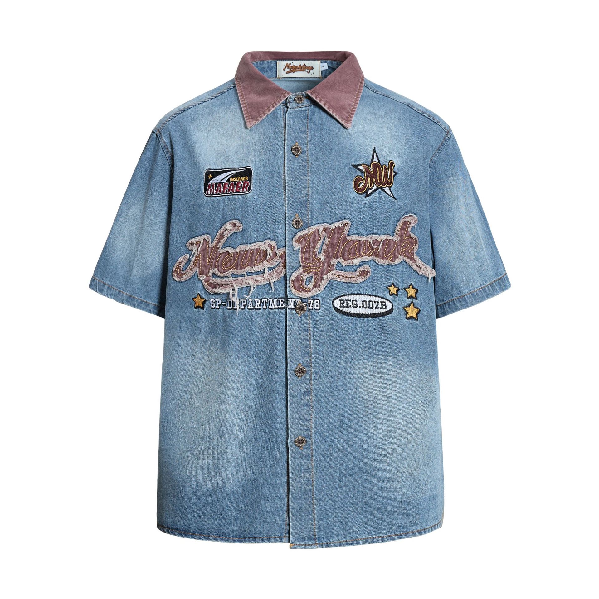 American retro washed denim shirt loose short sleeve patch embroidered street shirt men M