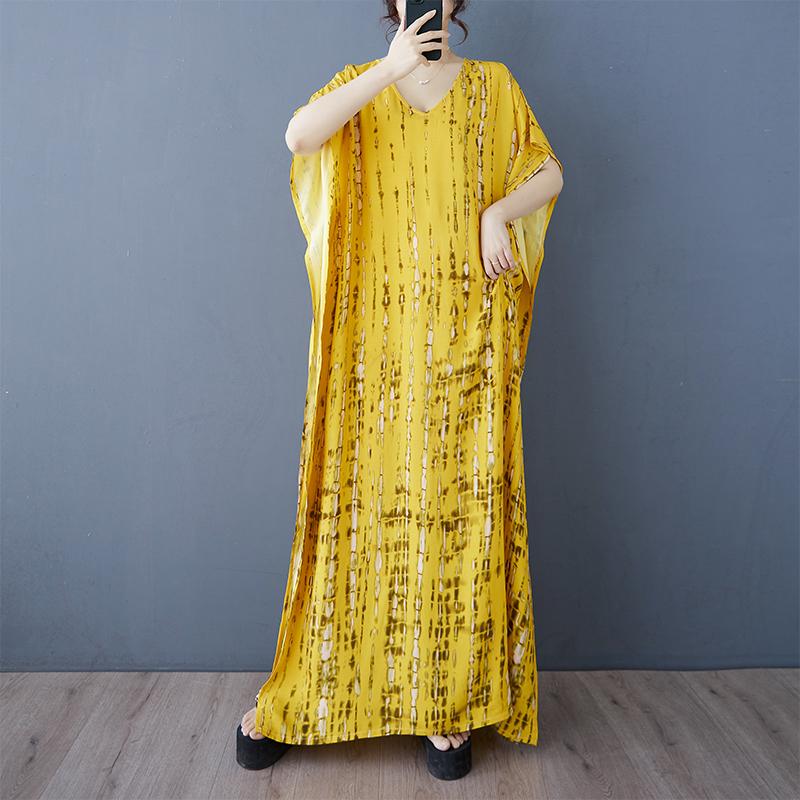 

DIMANAF New 2025 Women Summer Plus Size Dress Loose V-Neck Beach Printing Basic Casual Long Dress Oversized 3XL жёлтый
