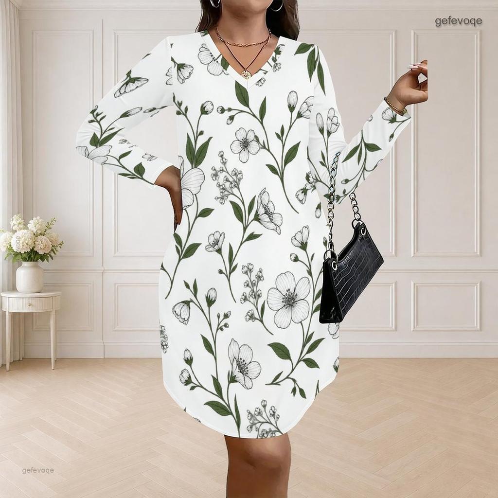 Women Plus Size V Neck Long Sleeve Floral Printed White Loose Curved Hem Dress