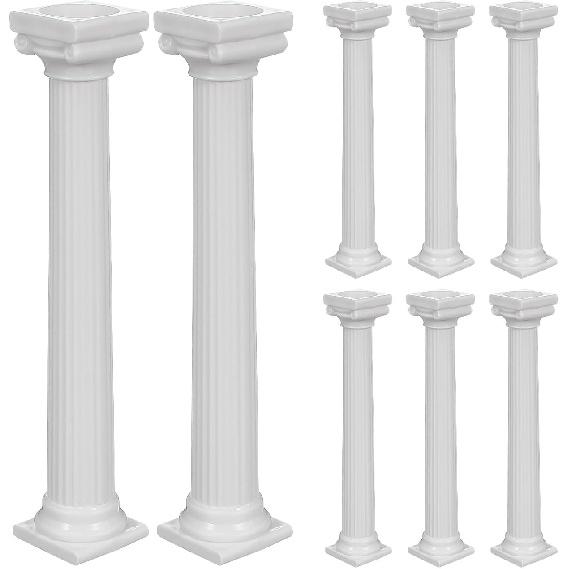 UPKOCH 8PCS Roman Column Pillars - Plastic Tiered Support Rods for Wedding & Birthday Cakes, 6.7" White Decorative Columns with Square Base