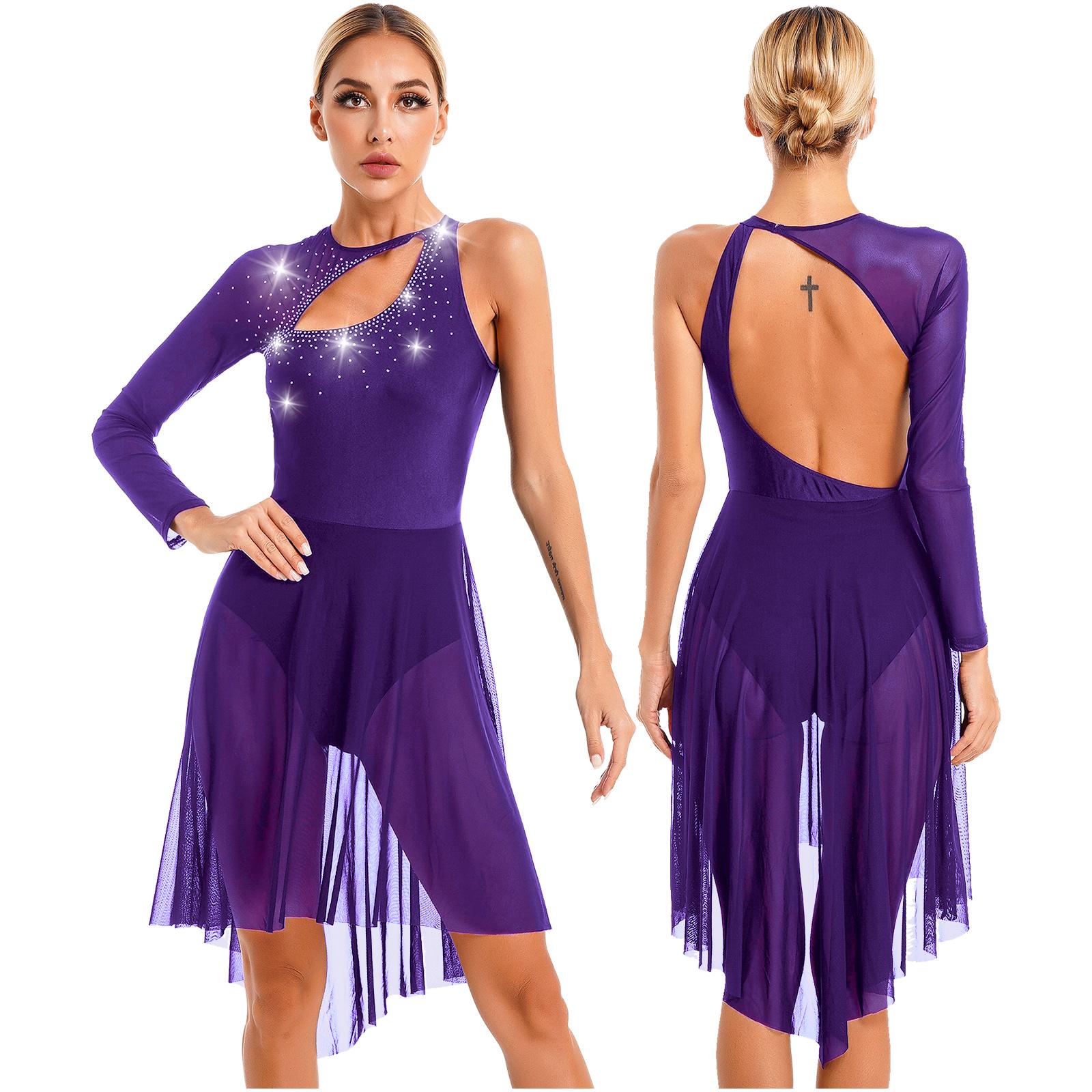 Women Lyrical Dance Figure Ice Skating Dress Ballet Gymnastics Leotard Dresses Long Sleeve Shiny Rhinestone Sheer Mesh Dancewear S