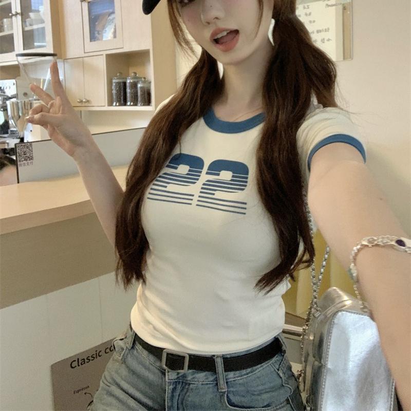 2025 Yaz kore tişörtleri Kadın O-yaka Kısa kollu beyaz gri Tişört genç kız günlük Elastik Dar y2k Crop Top kadın