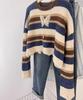 Women's Retro Color Block Striped Butterfly Knit Sweater, Round Neck, Short & Loose Fit for Spring/Autumn.