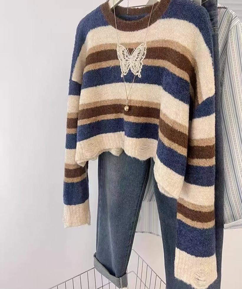 Women's Retro Color Block Striped Butterfly Knit Sweater, Round Neck, Short & Loose Fit for Spring/Autumn.