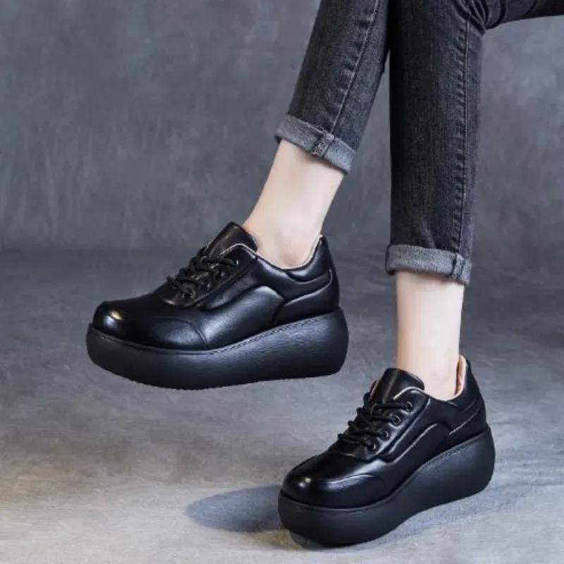 Fashion 6CM Women Platform Shoes Handmade Retro Style Genuine Cow Leather Lace-Up Wedges Heel Height Increasing Casual Single Shoes