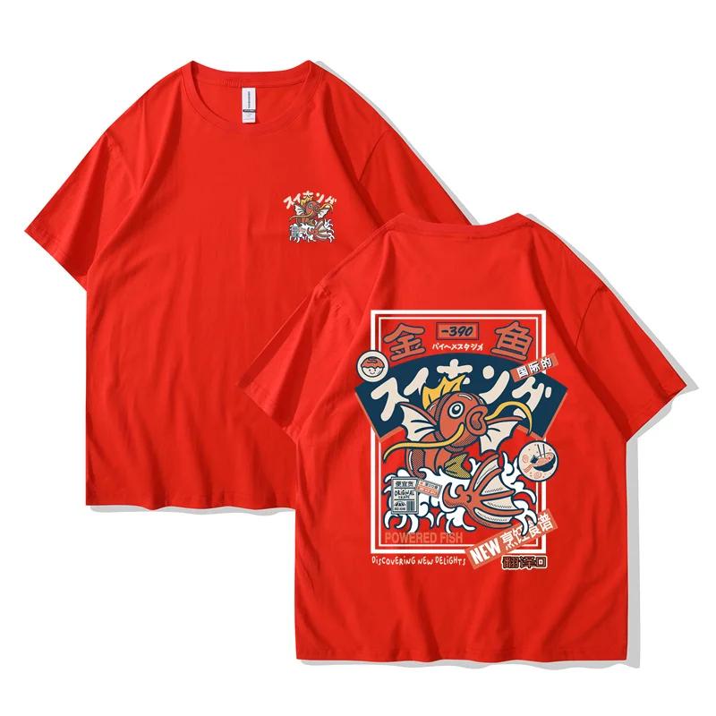 Unisex Red Koi Print Short Sleeved Round Neck Tshirt Japanese Style Harajuku Hip-hop Streetwear Shirt Summer Women Shirt