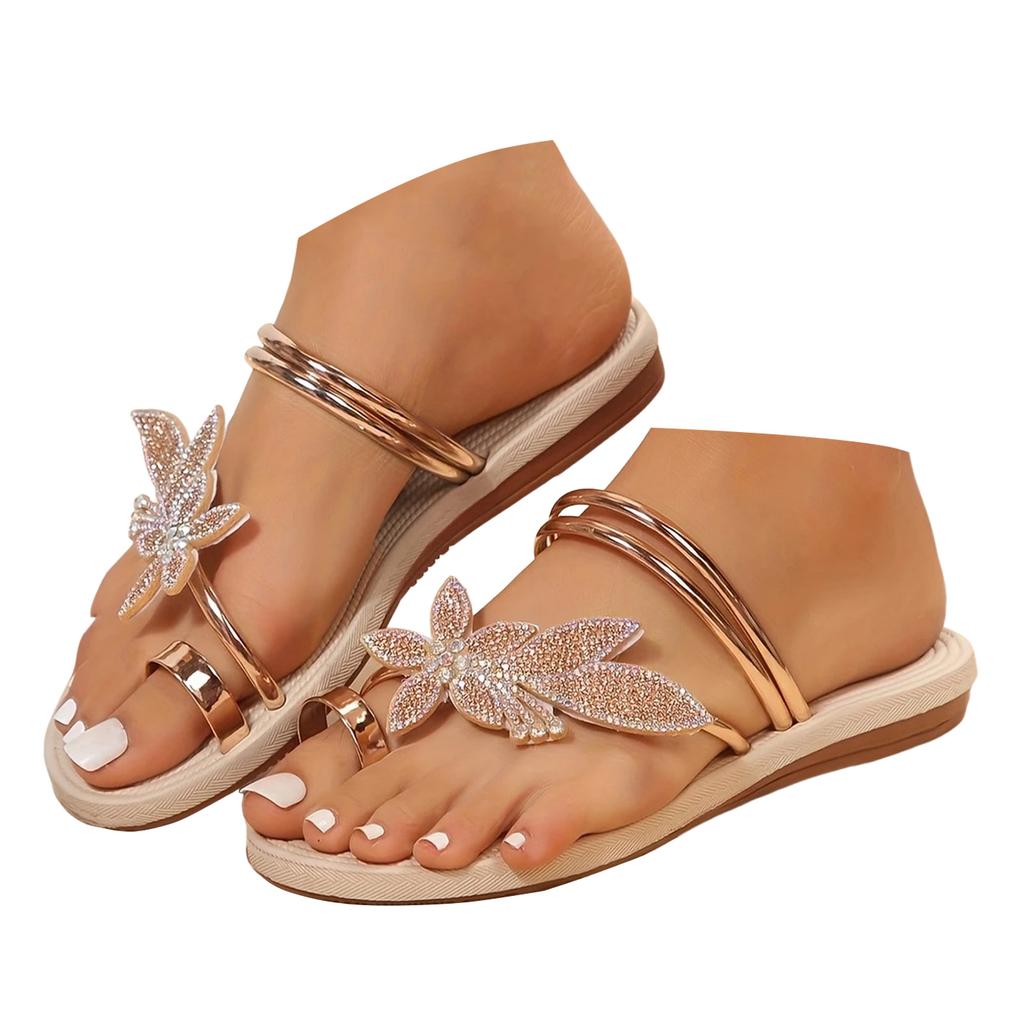 Women's Fashion Beach Slippers Non Slip Flat Bottom Rhinestone Flower Decorative Open Toe Soft Bottom Comfortable Slipper