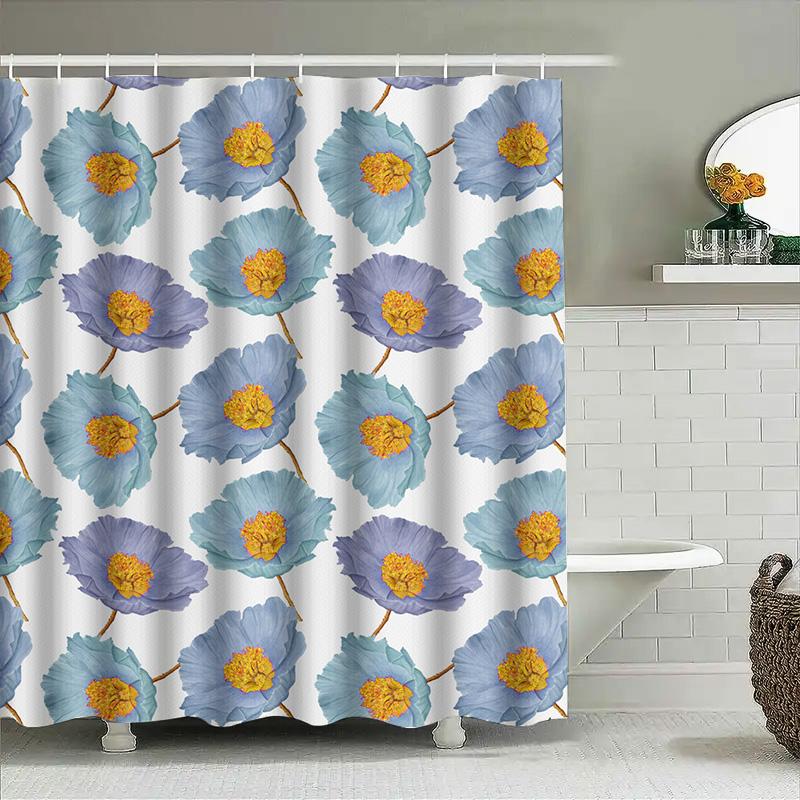 Bathroom Decor Shower Curtain With Blue Floral Print Modern Bath Accessories For Home Decoration White Waterproof Fabric